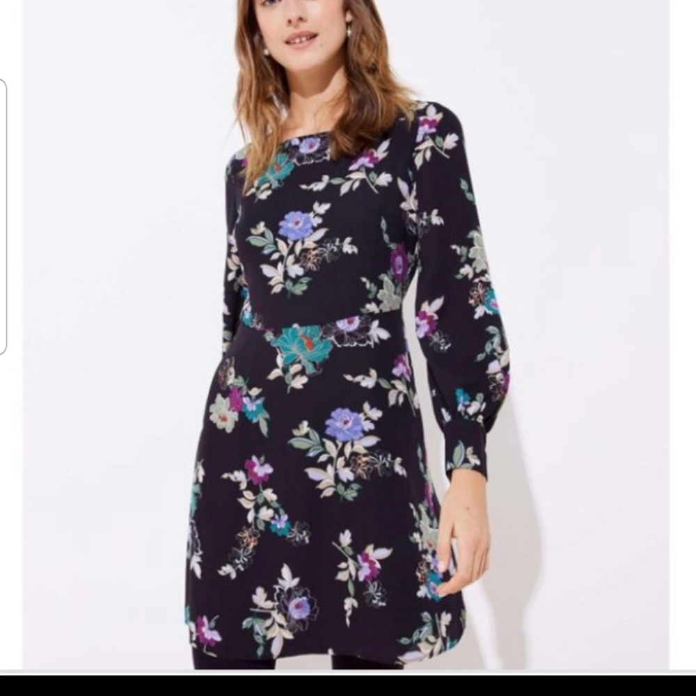Loft NWT black floral long sleeve dress